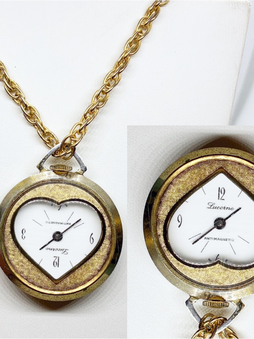 Vintage Lucerne Watch Necklace Swiss 60s 70s Retro Heart Window Floral Etched